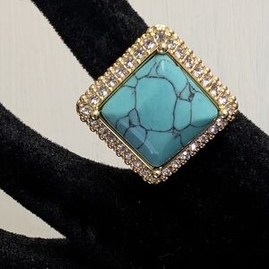 #101. Gold-Tone Turquoise Stone Ring with Crystal Halo - Women Jewelry